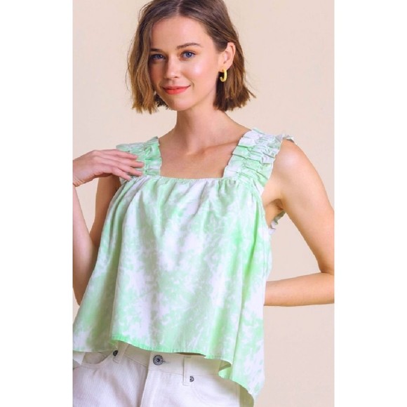 New UMGEE S M L Green White Floral Ruffle Strap Poplin Swing Cropped Top - Picture 1 of 4